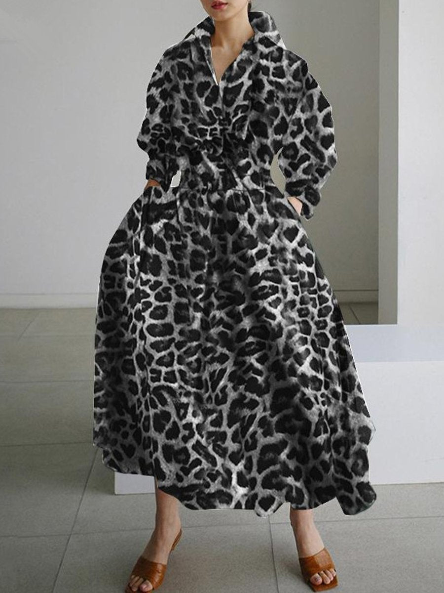 Casual Leopard Cotton And Linen Elastic Waist Dress