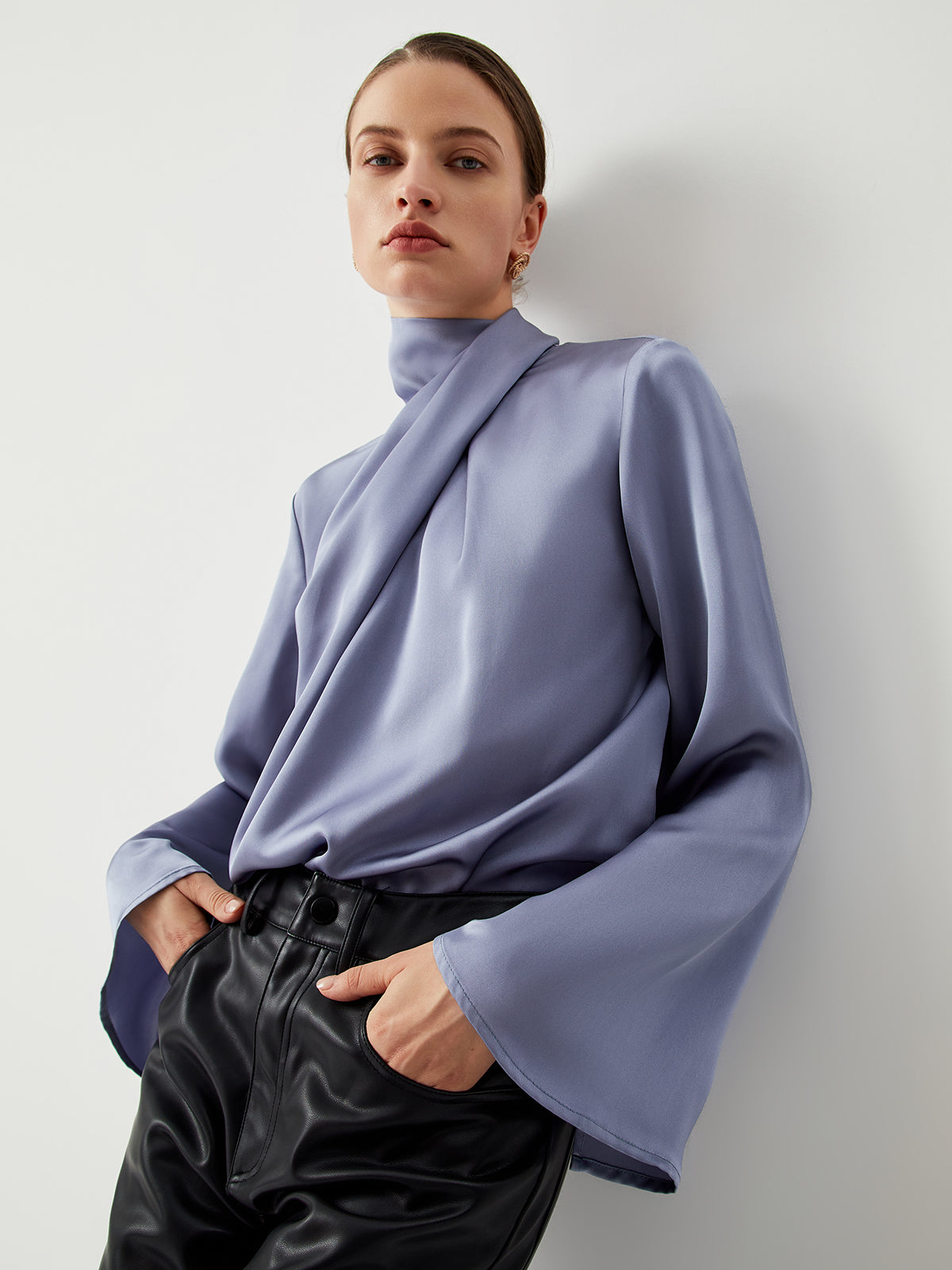 Asymmetric Pleated Turtleneck Satin Blouse
