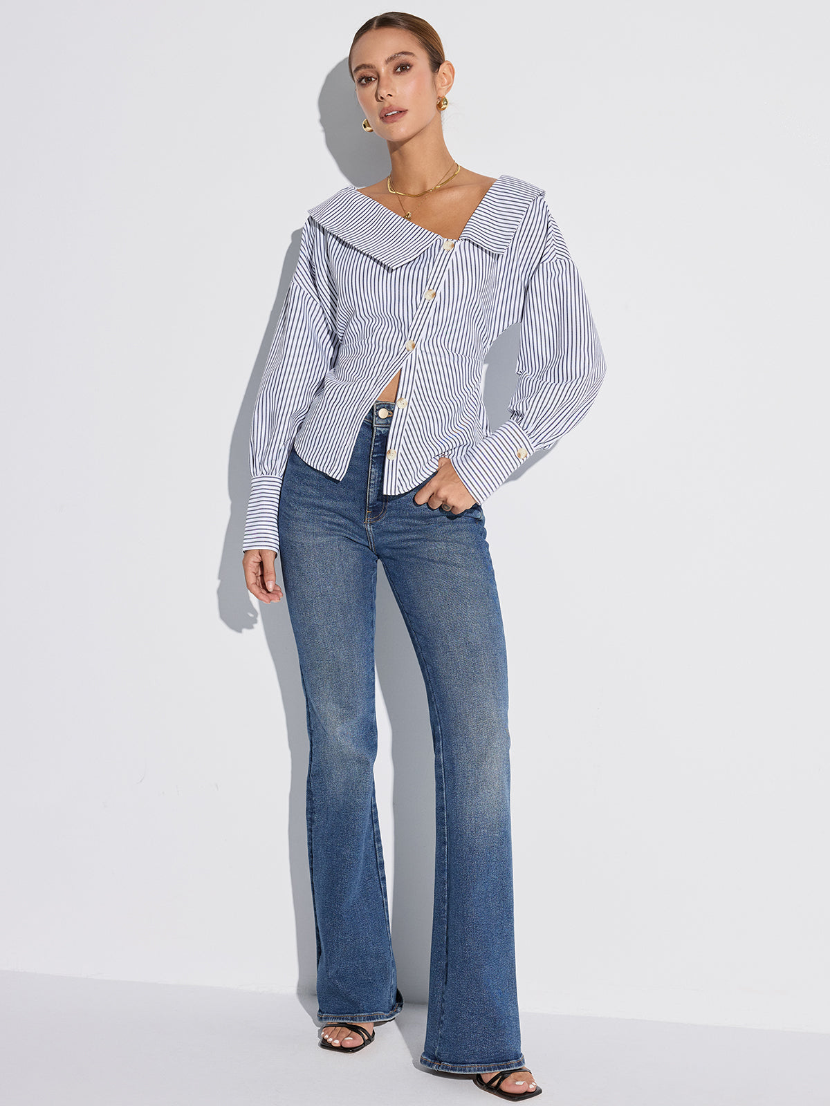 Striped Asymmetrical Placket Button Shirt