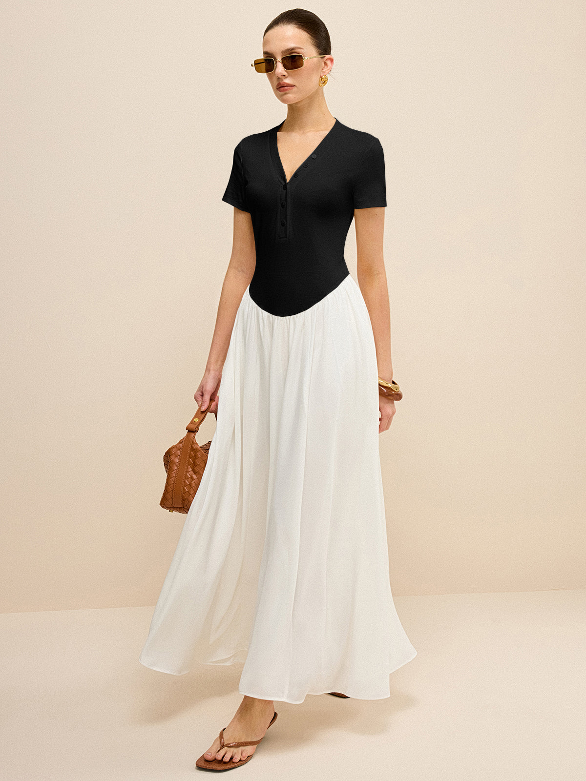 Button-Placket V-Neck Maxi Dress