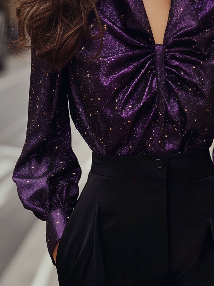 Glittery Twisted Front Satin Purple Blouse Glittery Twisted Front Satin Purple Blouse