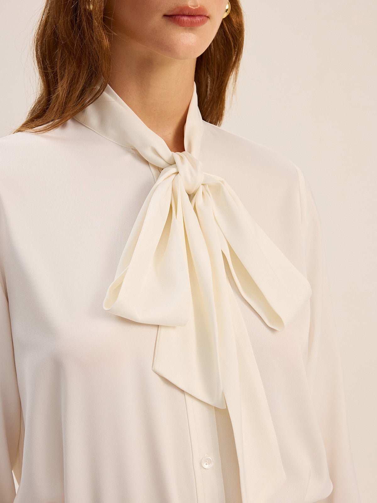 Satin Bow-Tie Neck Long-Sleeve Shirt