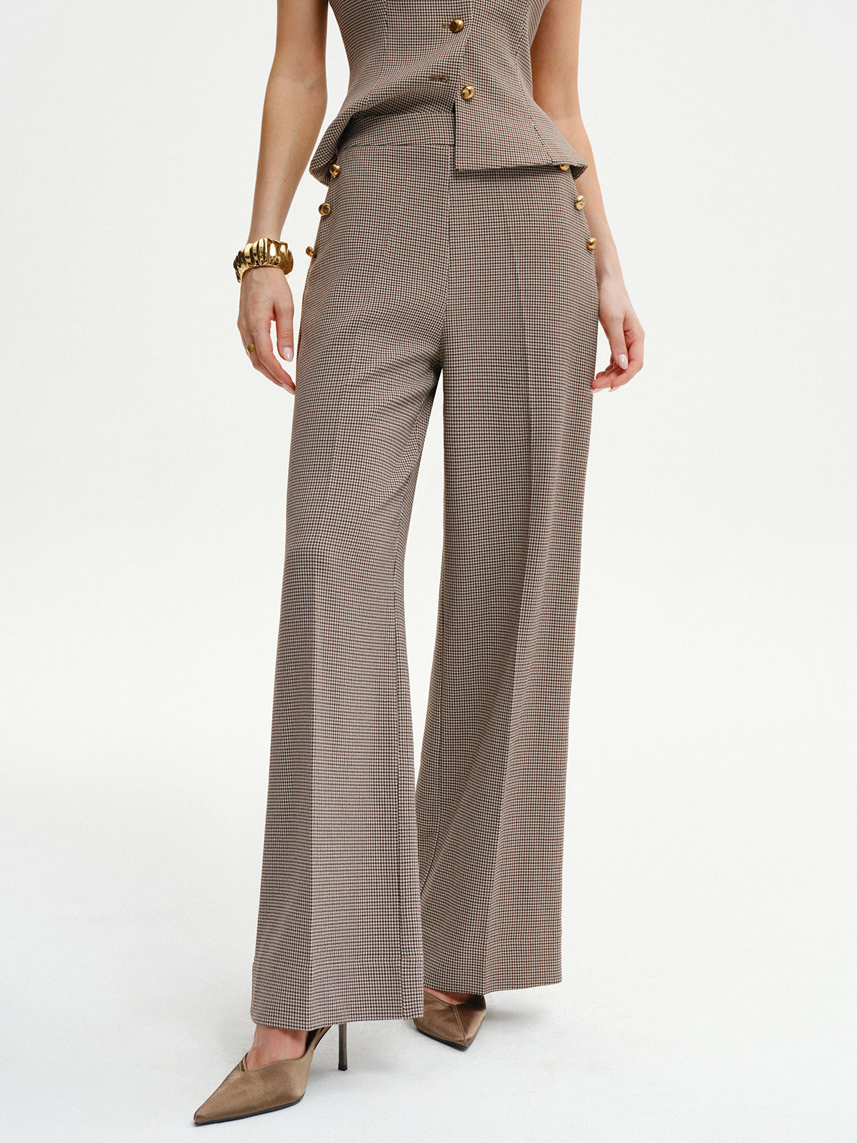 Houndstooth Metal Detail Mid-Waist Pants