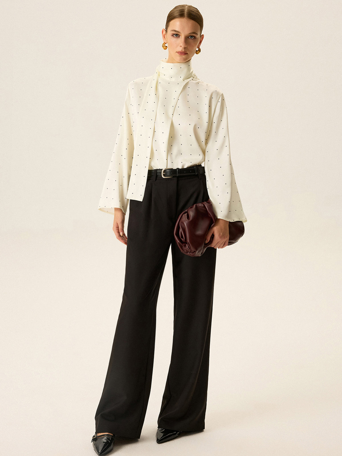 Polka Dot Satin High-Neck Blouse