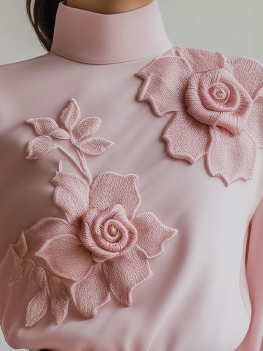 Elegant Pink Floral Embroidered Blouse with Statement Sleeves Elegant Pink Floral Embroidered Blouse with Statement Sleeves
