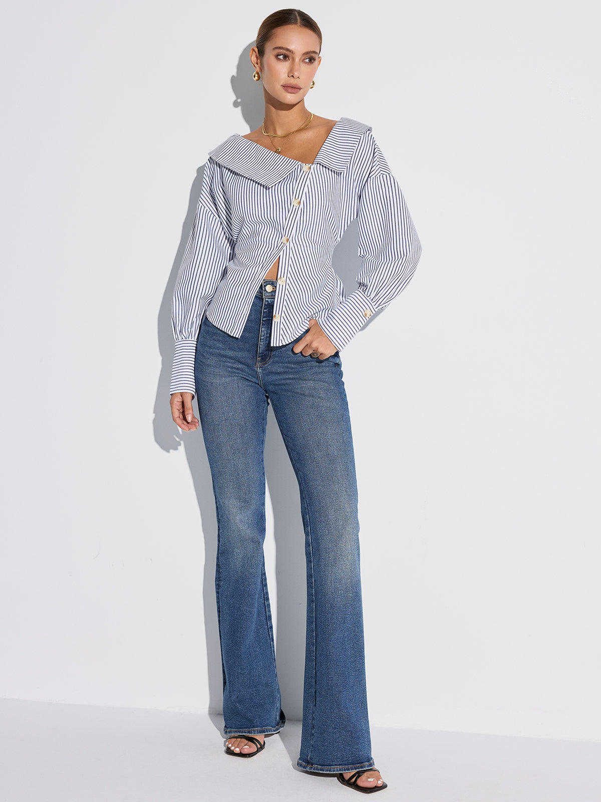 Striped Asymmetrical Placket Button Shirt